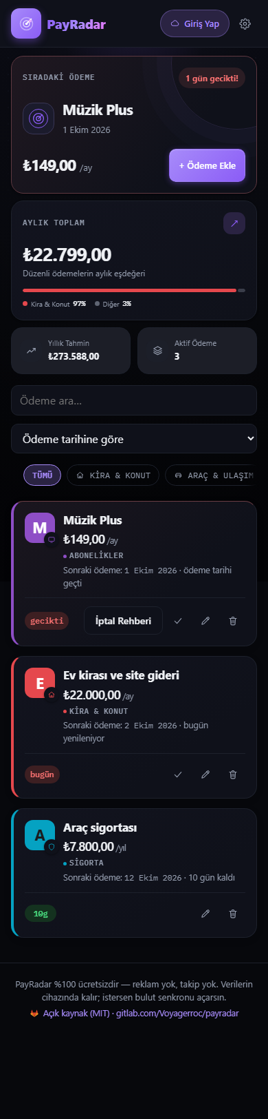 Güncel yerel arayüzün örnek ödeme verileriyle görünümü; kişisel hesap kaydı değildir.